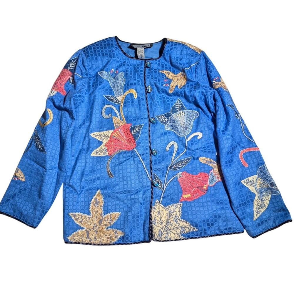 Vtg Y2K Indigo Moon Blue Floral Applique Collarless Button Up Light Jacket Sz S
